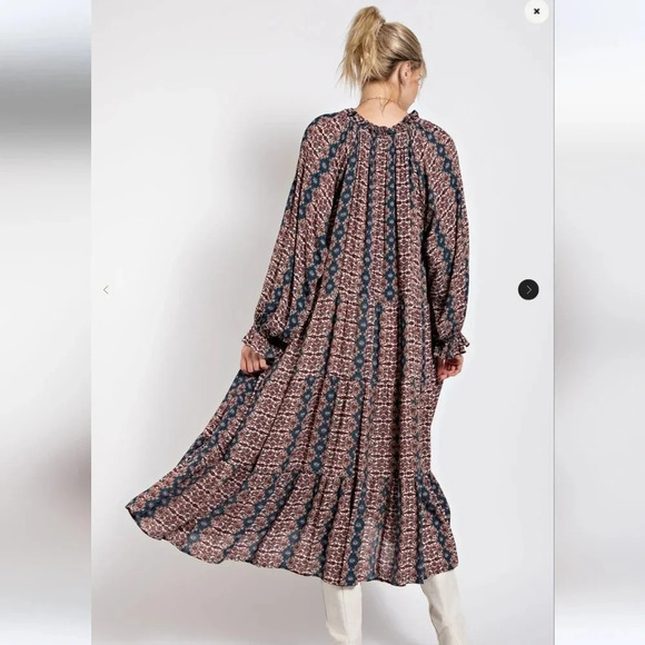 New! Easel Paisley Printed Long Sleeve Gauze Maxi Dress L - Picture 4 of 6